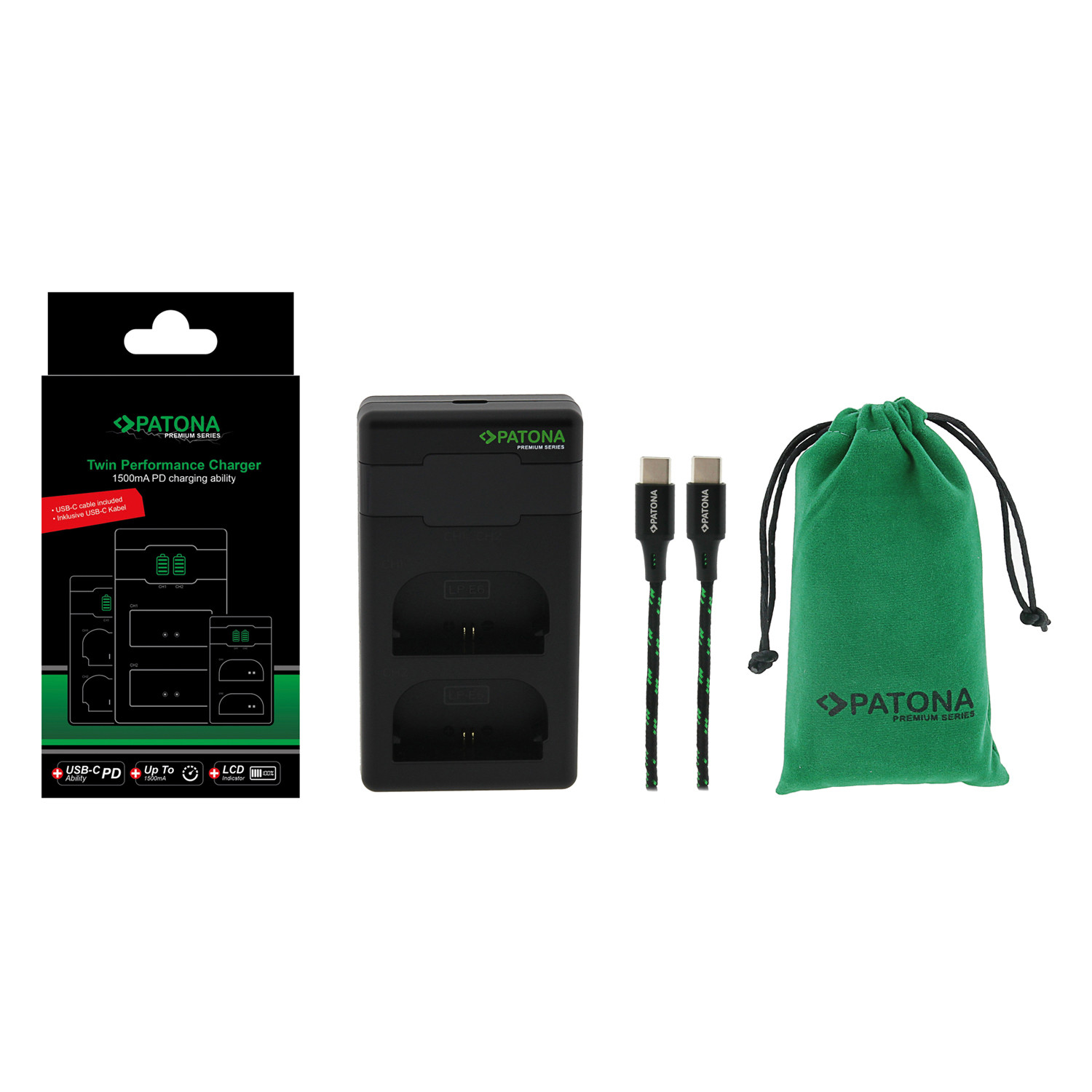 Caricabatterie Premium Twin Performance PD per Canon LP-E6 incl. cavo USB-C