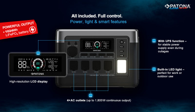 Power station portatile Platinum Autarc 1800W 1024WH 4x AC1800W, USB-C PD 100W, USB-C PD 20W, 2x USB-A 18W — immagine 8